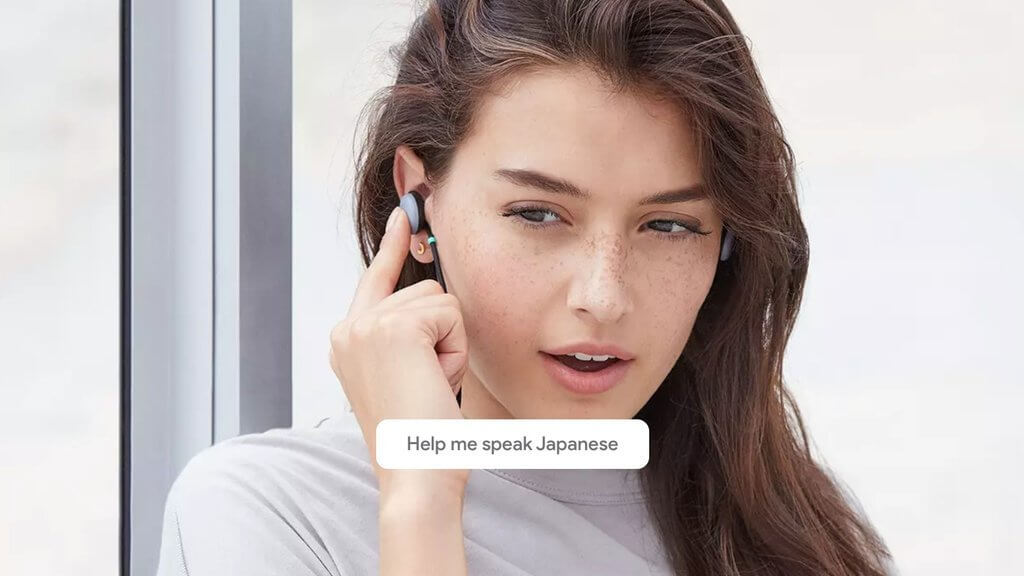 Woman asking her Pixel Buds to help her speak Japanese