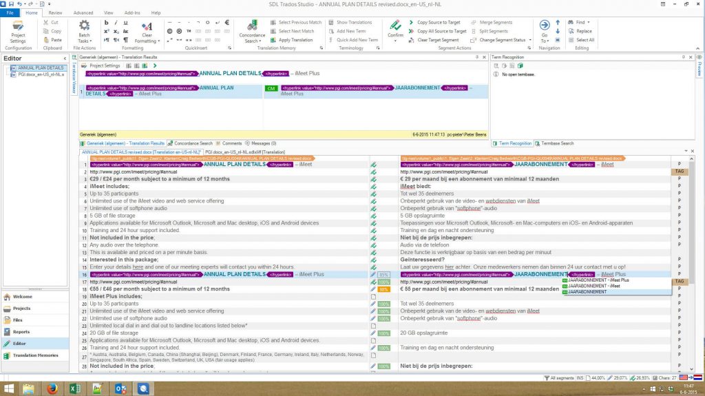 Screenshot of the SDL Trados Studio translation software editor.