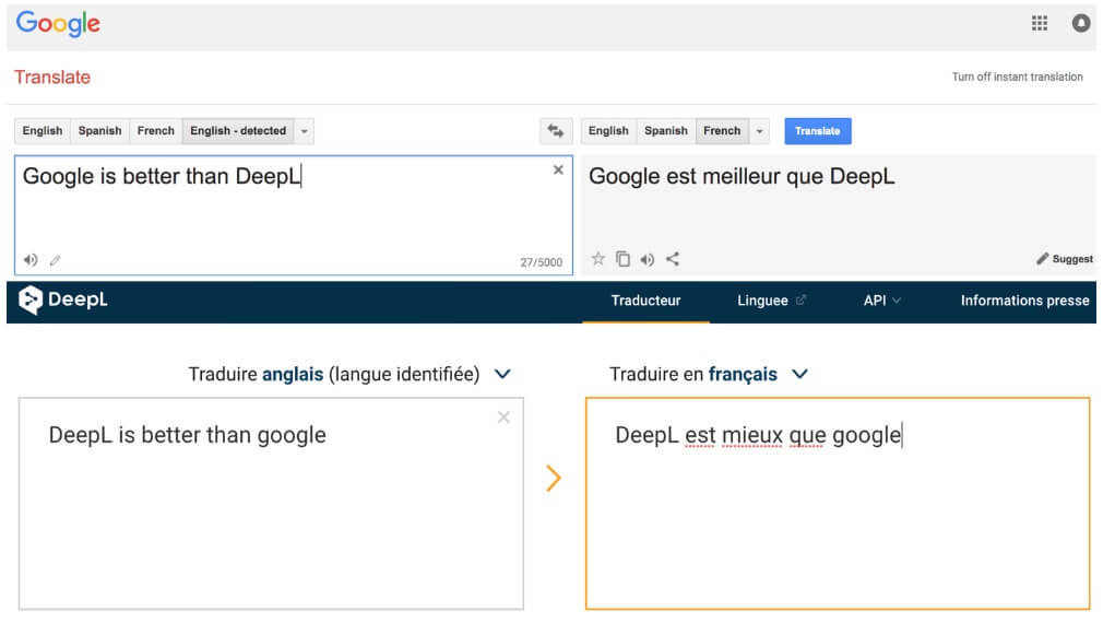 Screenshot of Google Translate vs. DeepL test