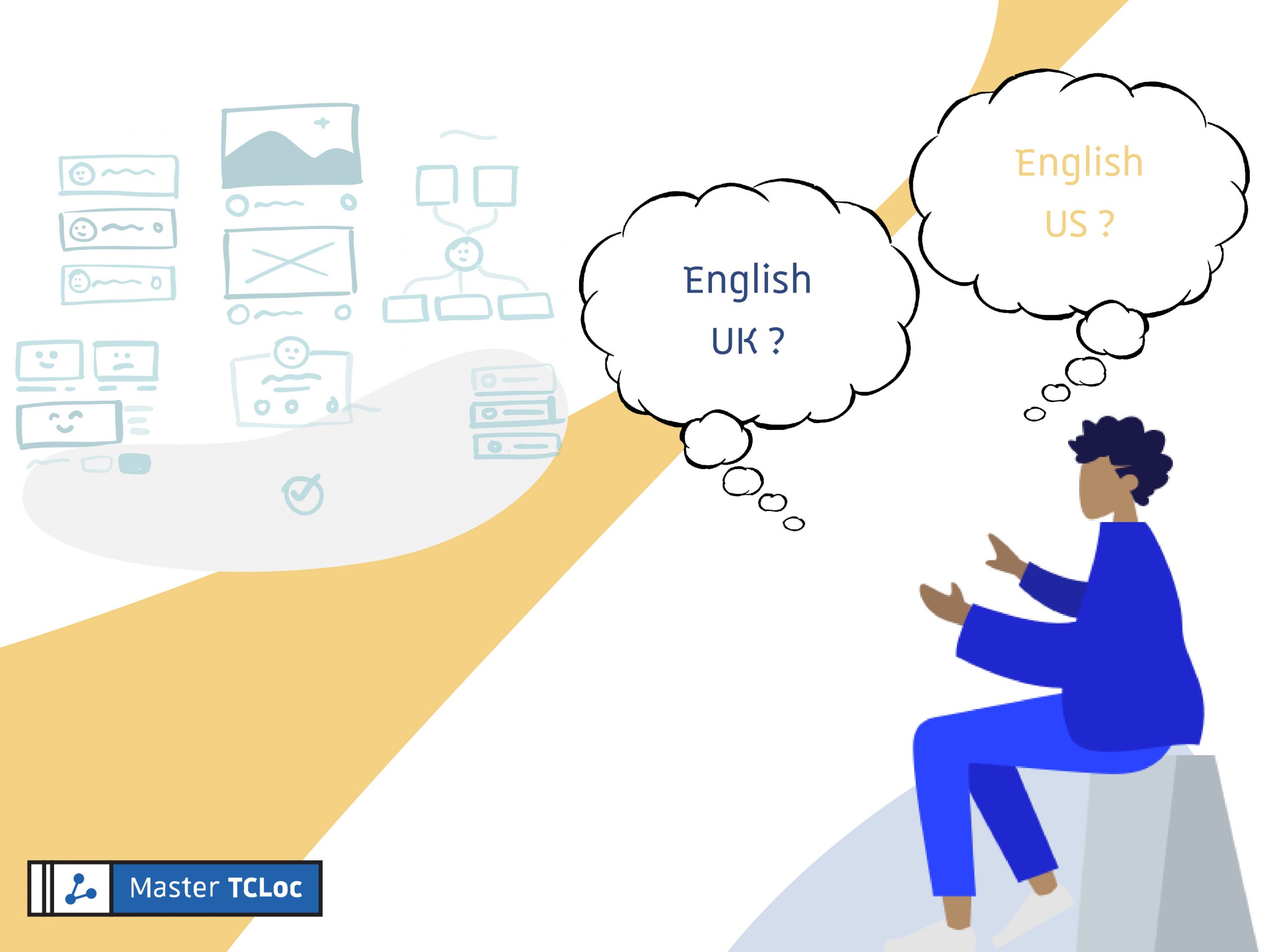 Two thought bubbles coming from a sitting figure containing a question each: UK English? and US English?