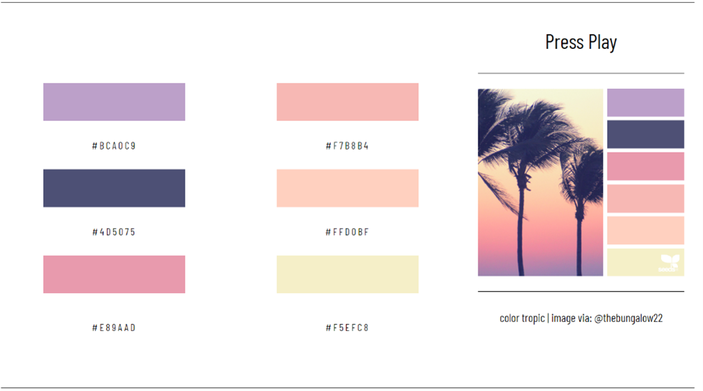 A color palette of of 6 shades next to a photograph of palm tree silhouettes in front of a sunset. 