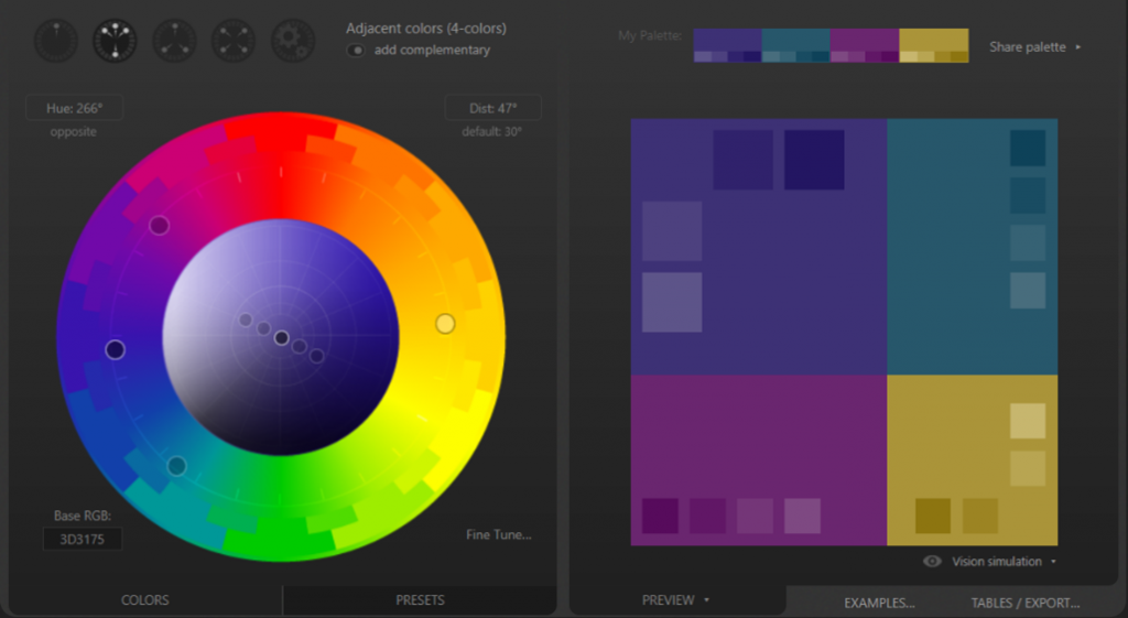 Color wheel next to a color palette. The palette shows shades of purple, blue, and yellow.
