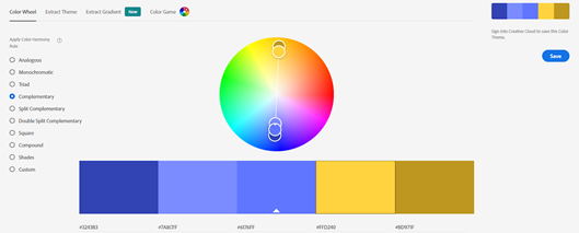 Color wheel and color palette. The color palette shows shades of 3 shades of blue and 2 shades of yellow.