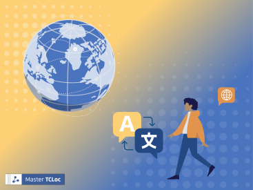 A digital illustration representing internationalization and localization, featuring a globe on the left and a person walking towards language translation icons on the right. The image has a gradient background transitioning from yellow to blue, symbolizing global communication.