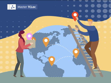 Two people are putting symbols on different areas of the globe, which denotes the way tourism platforms can be localized for globl reach