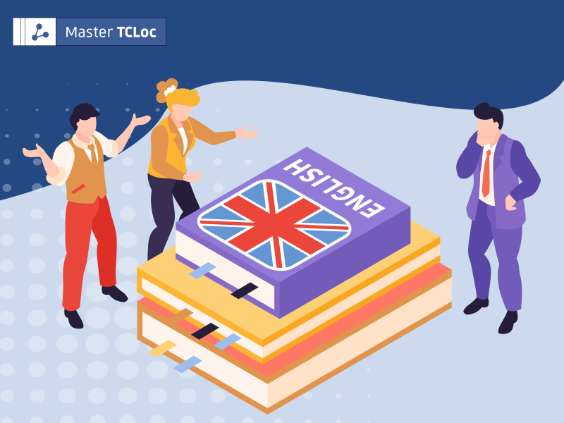 A book in English on top of a book stack. There are confused people around the book pile, symbolizing how technical English can make documentation inaccessible.