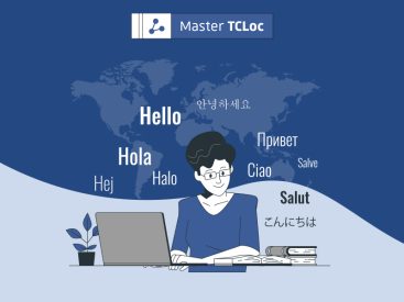 An illustration of a technical writer sorrounded by the word "hello" in different languages