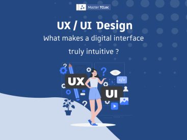 Illustration of a UX/UI designer, here a woman sorroundes by symbols of UX design, sucha s a pen, a question mark, an image and an eye, alongside the text "UX" and "UI" floating around her